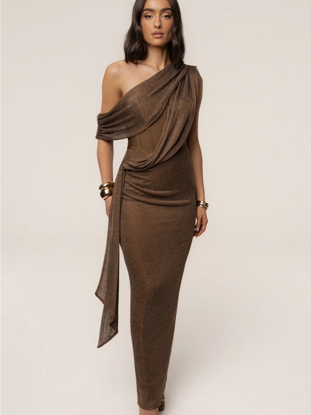 JLUXLABEL One-Shoulder Draped Bronze Brown Gown